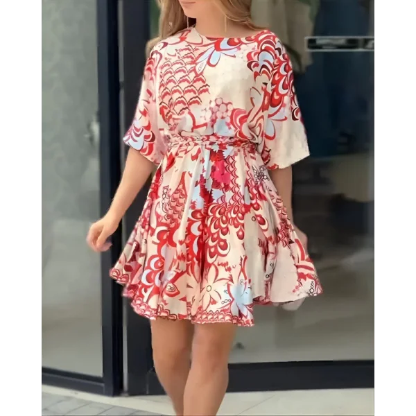 Kadın Kısa Balon Kollu Yuvarlak Yakalı Pileli Desenli Mini Elbise