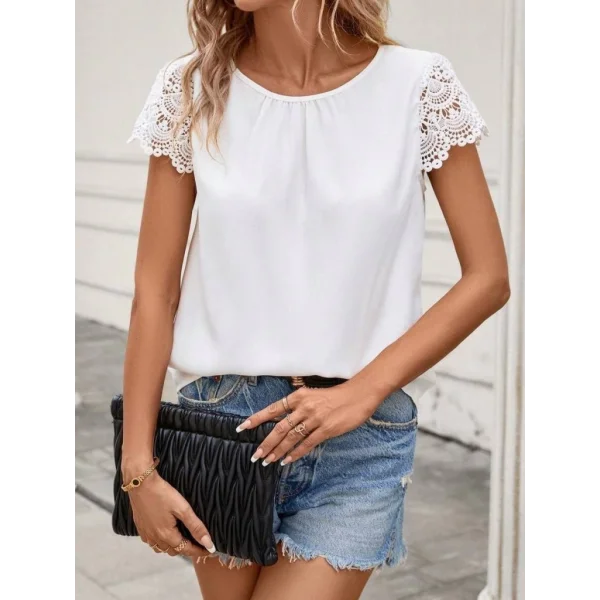 Kadın Kısa Dantel Kollu Bisiklet Yaka Sandy Bluz
