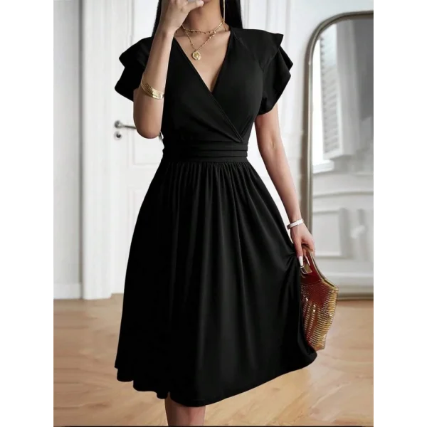 Kadın Kısa Fırfır Kollu Kruvaze Yakalı Kiloş Janjan Krep Elbise