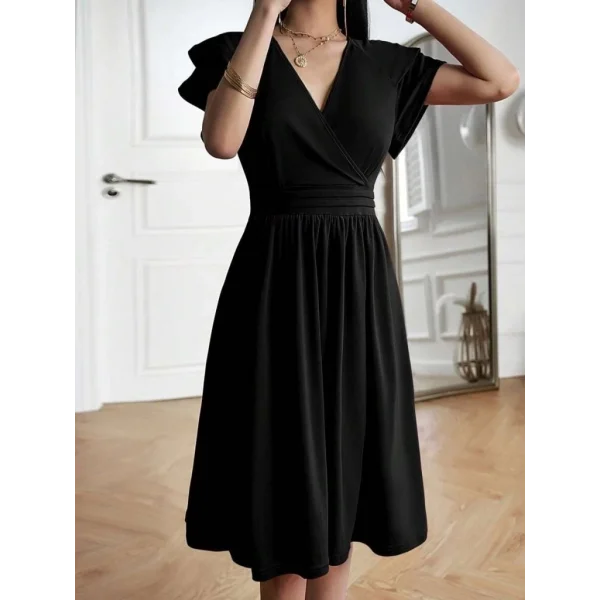 Kadın Kısa Fırfır Kollu Kruvaze Yakalı Kiloş Janjan Krep Elbise