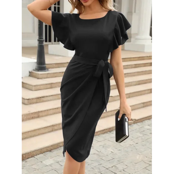 Kadın Kısa Fırfır Kollu Yakası Açık Belden Kuşaklı çapraz Kesim Detaylı Ithal Krep Elbise