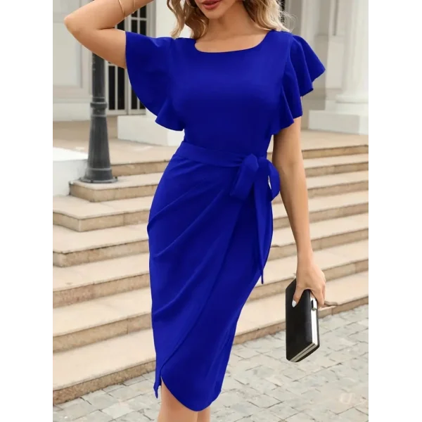 Kadın Kısa Fırfır Kollu Yakası Açık Belden Kuşaklı çapraz Kesim Detaylı Ithal Krep Elbise