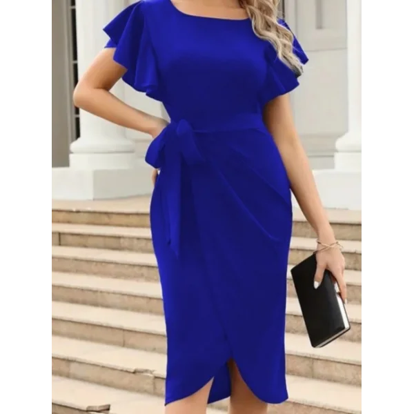 Kadın Kısa Fırfır Kollu Yakası Açık Belden Kuşaklı çapraz Kesim Detaylı Ithal Krep Elbise