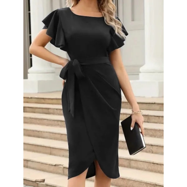 Kadın Kısa Fırfır Kollu Yakası Açık Belden Kuşaklı çapraz Kesim Detaylı Ithal Krep Elbise