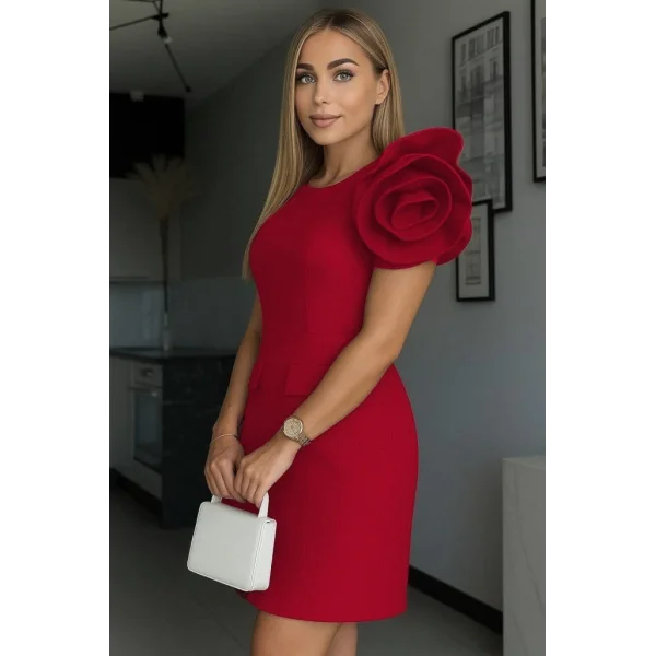 Kadın Kısa Gül Detaylı Kollu Bisiklet Yaka Cepli Mini Atlas Elbise