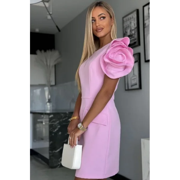 Kadın Kısa Gül Detaylı Kollu Bisiklet Yaka Cepli Mini Atlas Elbise