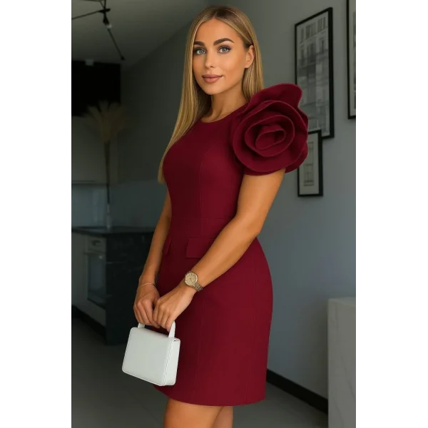 Kadın Kısa Gül Detaylı Kollu Bisiklet Yaka Cepli Mini Atlas Elbise