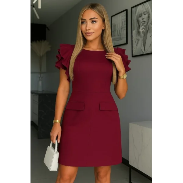 Kadın Kısa Gül Detaylı Kollu Bisiklet Yaka Cepli Mini Atlas Elbise