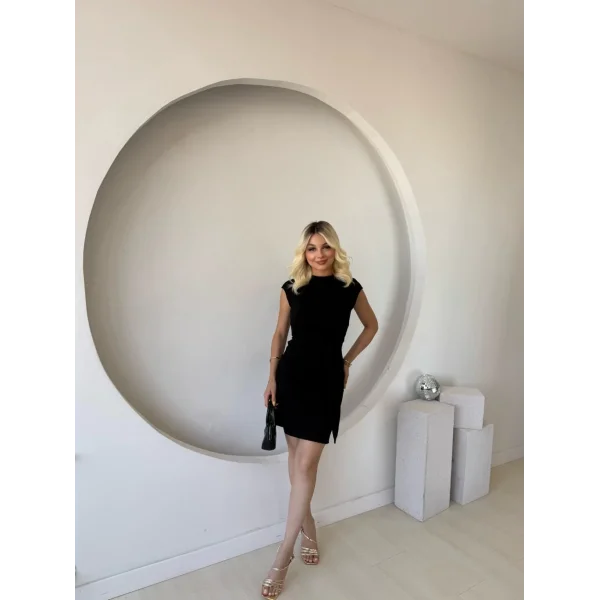 Kadın Kısa Kap Kollu Bisiklet Yaka Belden Bağlamalı Modal Mini Elbise