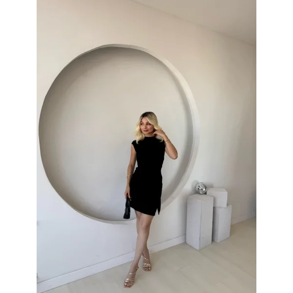 Kadın Kısa Kap Kollu Bisiklet Yaka Belden Bağlamalı Modal Mini Elbise