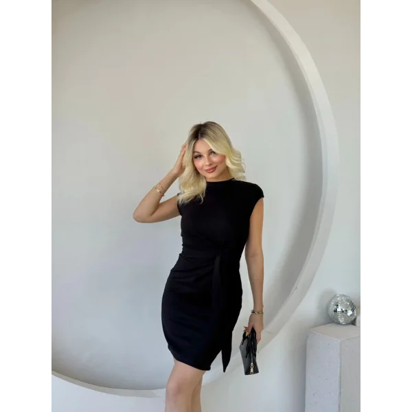 Kadın Kısa Kap Kollu Bisiklet Yaka Belden Bağlamalı Modal Mini Elbise