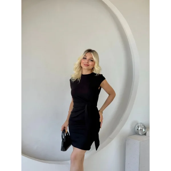 Kadın Kısa Kap Kollu Bisiklet Yaka Belden Bağlamalı Modal Mini Elbise