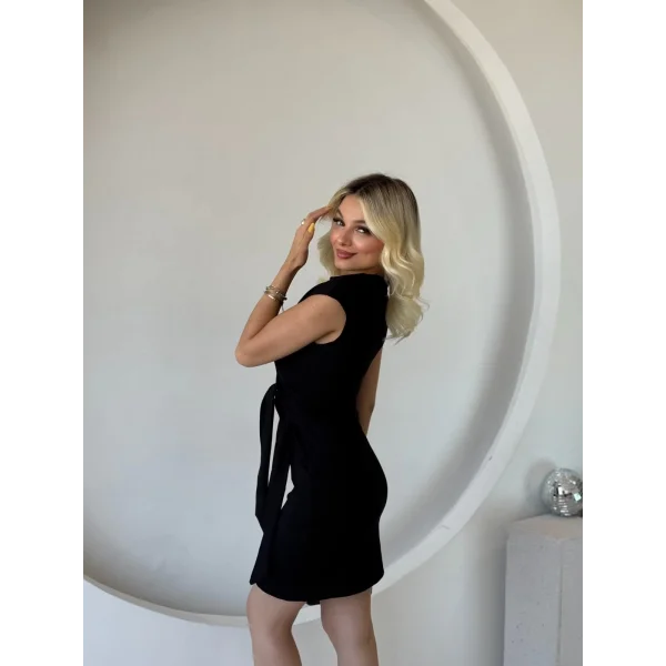 Kadın Kısa Kap Kollu Bisiklet Yaka Belden Bağlamalı Modal Mini Elbise