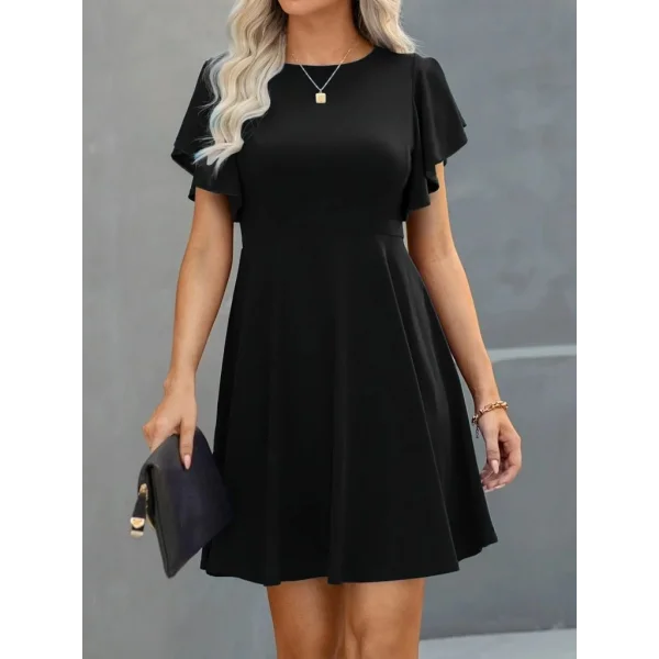 Kadın Kısa Kelebek Kollu Bisiklet Yaka Janjan Krep Elbise