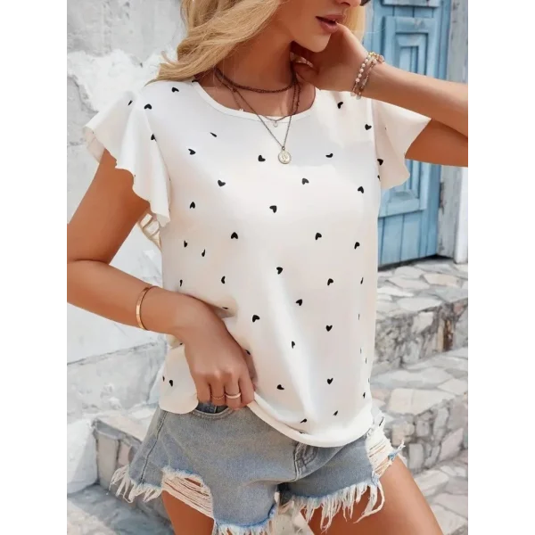 Kadın Kısa Kelebek Kollu Bisiklet Yaka Kalp Desenli Süprem Bluz