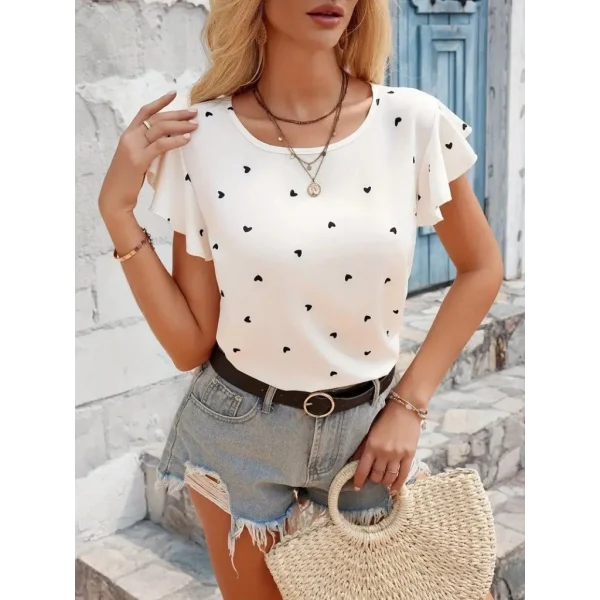 Kadın Kısa Kelebek Kollu Bisiklet Yaka Kalp Desenli Süprem Bluz