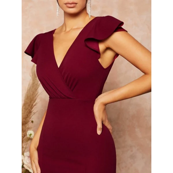 Kadın Kısa Kelebek Kollu Kruvaze Yaka Ithal Krep Midi Elbise