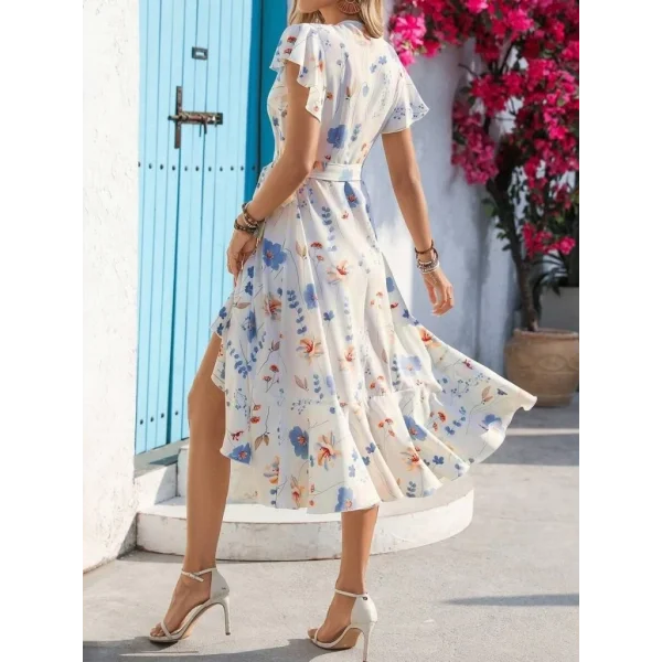 Kadın Kısa Kelebek Kollu Kruvaze Yakalı Belden Kuşaklı Midi Süprem Elbise