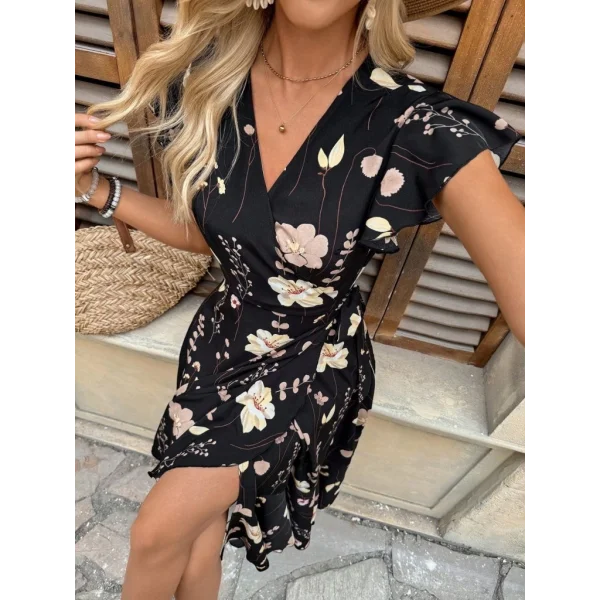 Kadın Kısa Kelebek Kollu Kruvaze Yakalı Belden Kuşaklı Midi Süprem Elbise