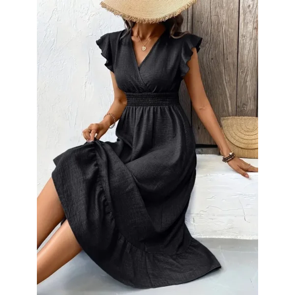 Kadın Kısa Kelebek Kollu Kruvaze Yakalı Beli Lastikli Aerobin Elbise