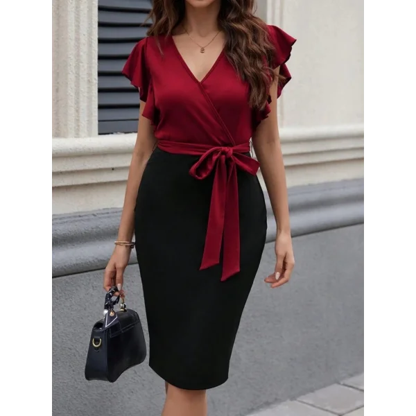 Kadın Kısa Kelebek Kollu Kruvaze Yakalı çift Renkli Kuşaklı Ithal Krep Elbise