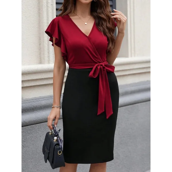 Kadın Kısa Kelebek Kollu Kruvaze Yakalı çift Renkli Kuşaklı Ithal Krep Elbise