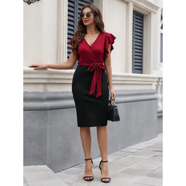 Kadın Kısa Kelebek Kollu Kruvaze Yakalı çift Renkli Kuşaklı Ithal Krep Elbise