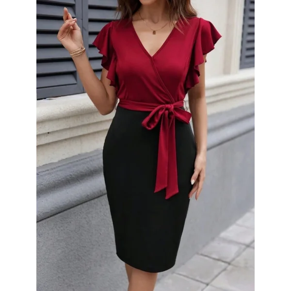 Kadın Kısa Kelebek Kollu Kruvaze Yakalı çift Renkli Kuşaklı Ithal Krep Elbise