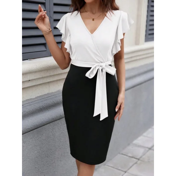 Kadın Kısa Kelebek Kollu Kruvaze Yakalı çift Renkli Kuşaklı Ithal Krep Elbise