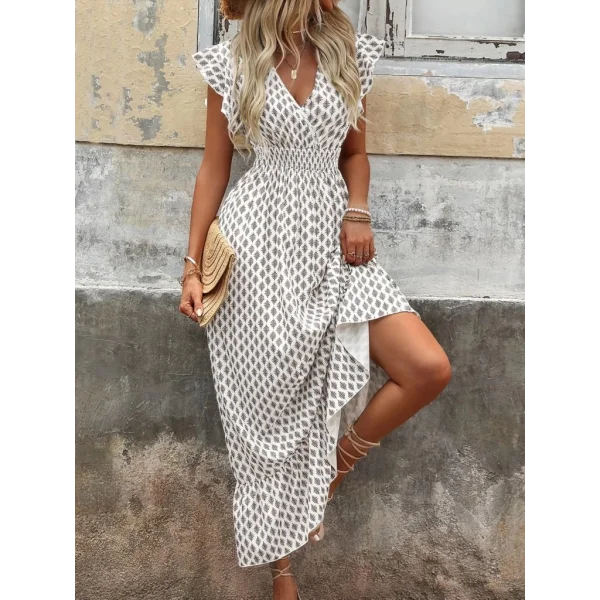 Kadın Kısa Kelebek Kollu Kruvaze Yakalı Desenli Süprem Elbise