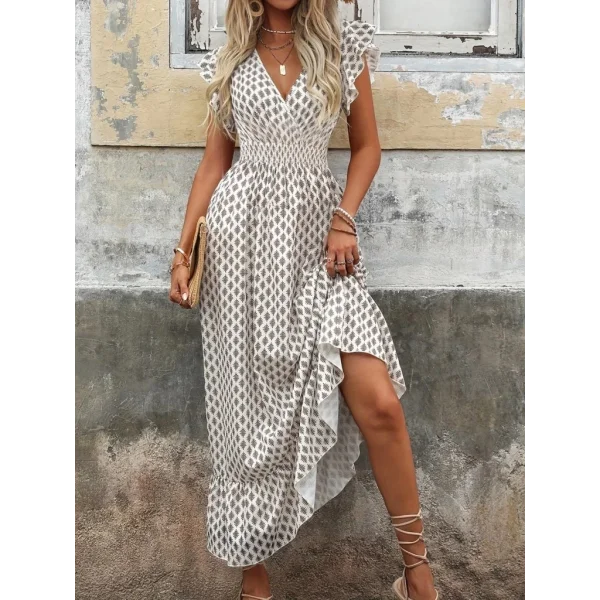 Kadın Kısa Kelebek Kollu Kruvaze Yakalı Desenli Süprem Elbise