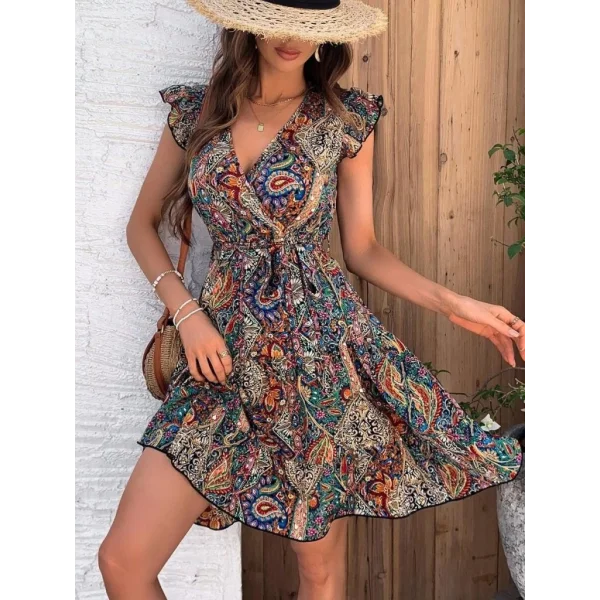 Kadın Kısa Kelebek Kollu Kruvaze Yakalı Süprem Elbise