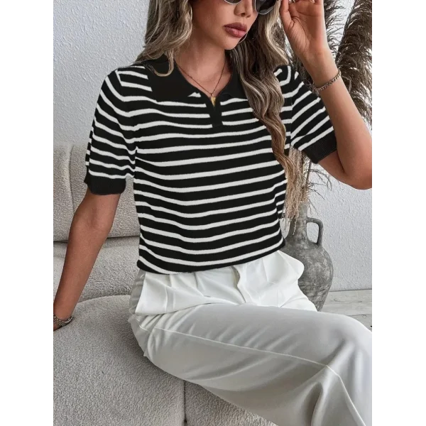 Kadın Kısa Kol Polo Yaka çizgi Desen Triko Bluz