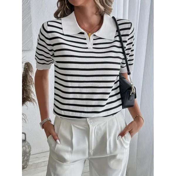 Kadın Kısa Kol Polo Yaka çizgi Desen Triko Bluz