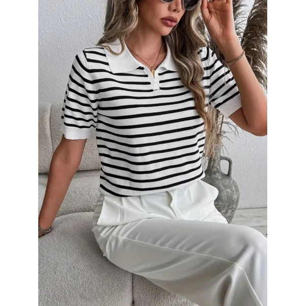 Kadın Kısa Kol Polo Yaka çizgi Desen Triko Bluz