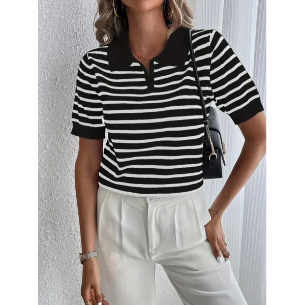 Kadın Kısa Kol Polo Yaka çizgi Desen Triko Bluz