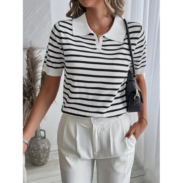 Kadın Kısa Kol Polo Yaka çizgi Desen Triko Bluz