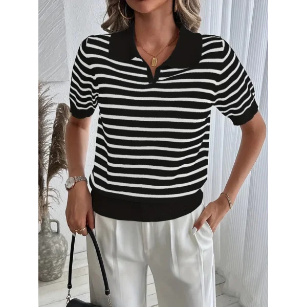 Kadın Kısa Kol Polo Yaka çizgi Desen Triko Bluz