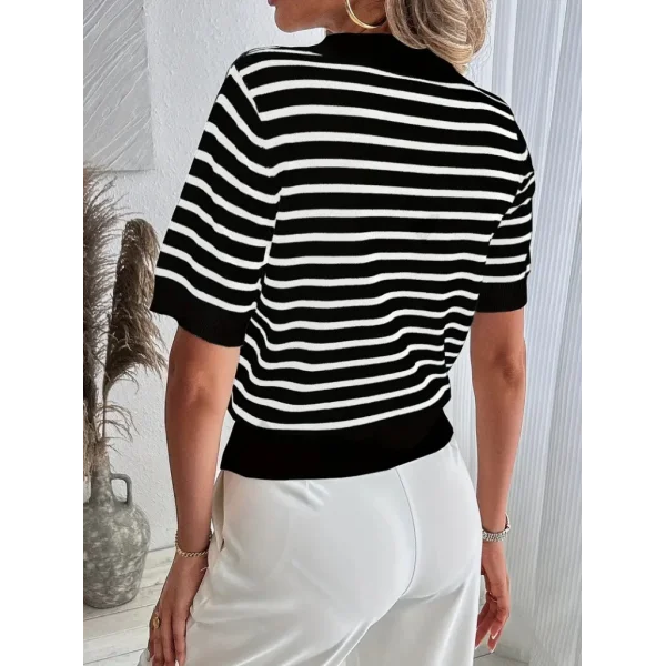 Kadın Kısa Kol Polo Yaka çizgi Desen Triko Bluz