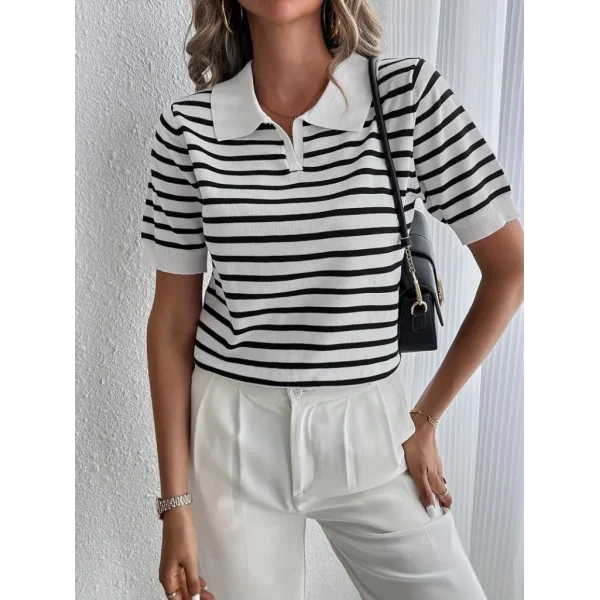 Kadın Kısa Kol Polo Yaka çizgi Desen Triko Bluz