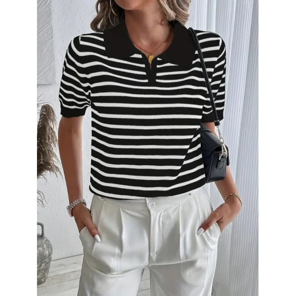 Kadın Kısa Kol Polo Yaka çizgi Desen Triko Bluz