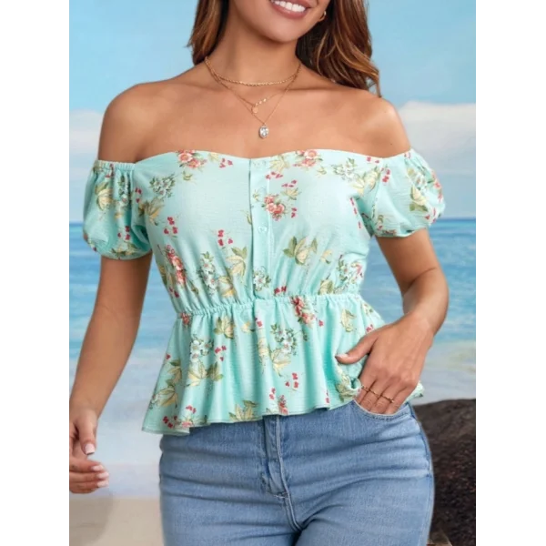 Kadın Kısa Kollu adonna Yaka çiçek Desenli Düğme Detay Gipeli üprem Kumaş Bluz