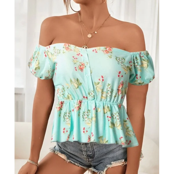 Kadın Kısa Kollu adonna Yaka çiçek Desenli Düğme Detay Gipeli üprem Kumaş Bluz