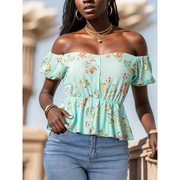 Kadın Kısa Kollu adonna Yaka çiçek Desenli Düğme Detay Gipeli üprem Kumaş Bluz