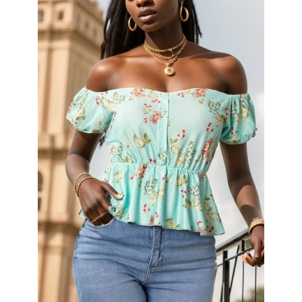 Kadın Kısa Kollu adonna Yaka çiçek Desenli Düğme Detay Gipeli üprem Kumaş Bluz