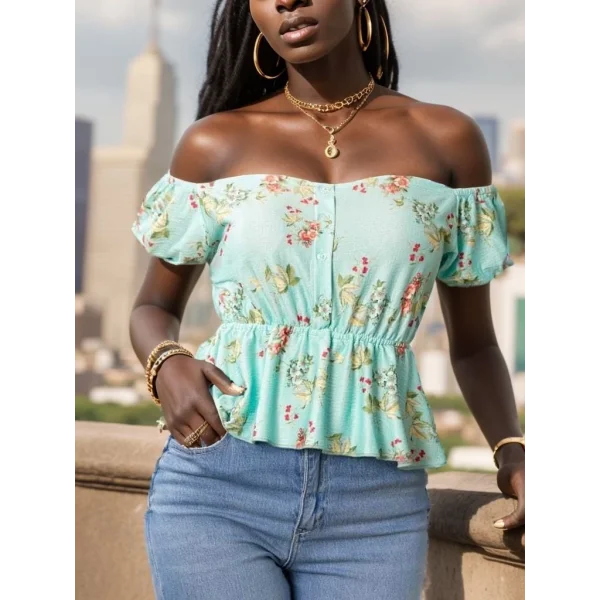 Kadın Kısa Kollu adonna Yaka çiçek Desenli Düğme Detay Gipeli üprem Kumaş Bluz