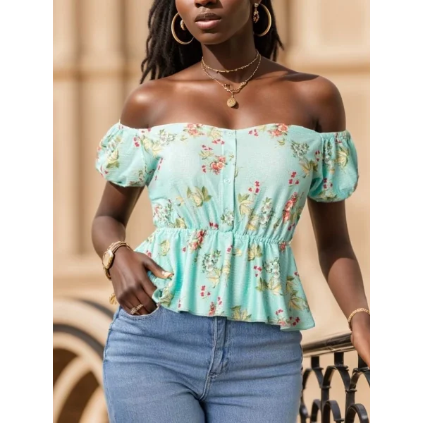 Kadın Kısa Kollu adonna Yaka çiçek Desenli Düğme Detay Gipeli üprem Kumaş Bluz