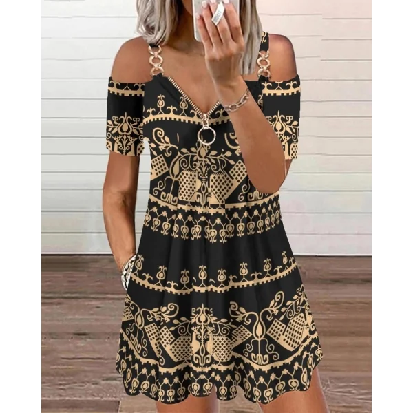Kadın Kısa Kollu Aksesuar Askılı Fermuarlı Etnik Desen Mikro Elbise