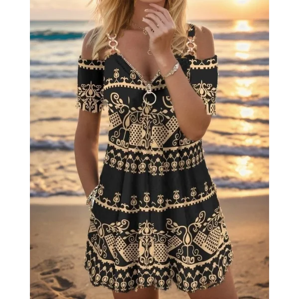 Kadın Kısa Kollu Aksesuar Askılı Fermuarlı Etnik Desen Mikro Elbise