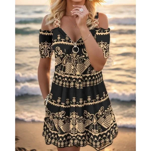 Kadın Kısa Kollu Aksesuar Askılı Fermuarlı Etnik Desen Mikro Elbise